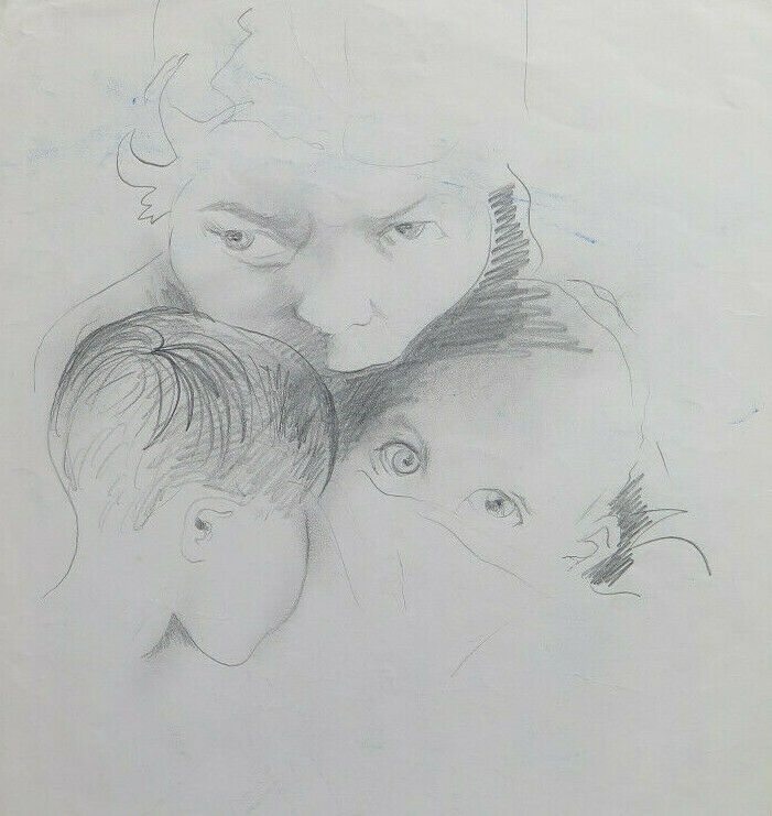 PORTRAIT OF MOTHER WITH CHILDREN AND CHILDREN OLD PENCIL DRAWING VINTAGE PAPER P28.8