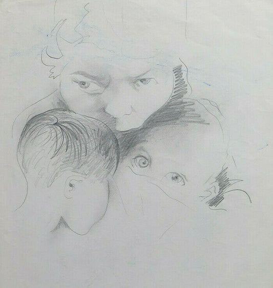 PORTRAIT OF MOTHER WITH CHILDREN AND CHILDREN OLD PENCIL DRAWING VINTAGE PAPER P28.8