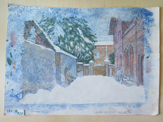 QUADRO VINTAGE DIPINTO ACQUERELLO VEDUTA PAESE DI PIUMAZZO EMILIA ROMAGNA P23 - Belbello Antiques