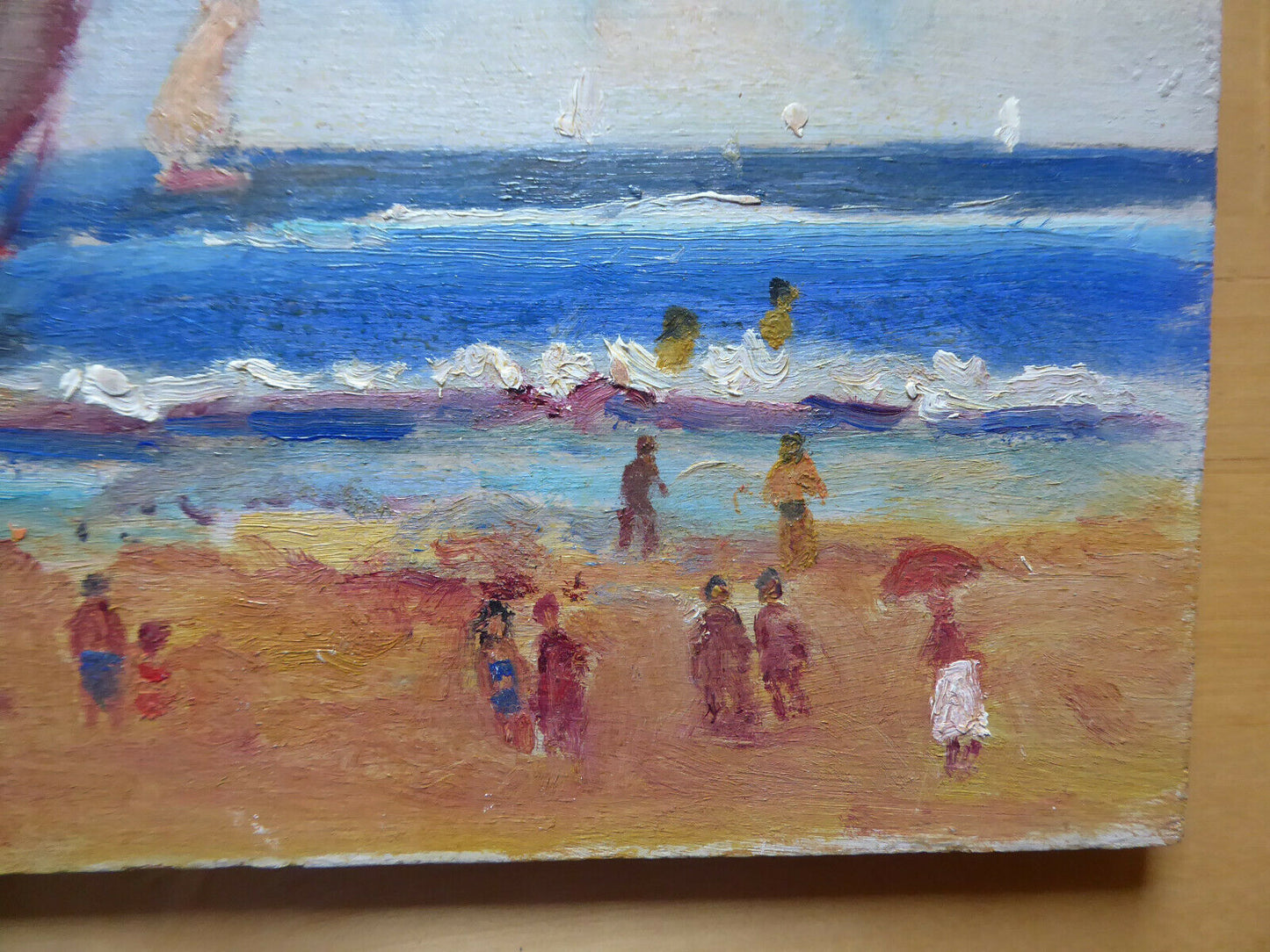 OLD PAINTING OIL SKETCH ON TABLE VIEW OF BLUE SEA WITH BOATS MD1 