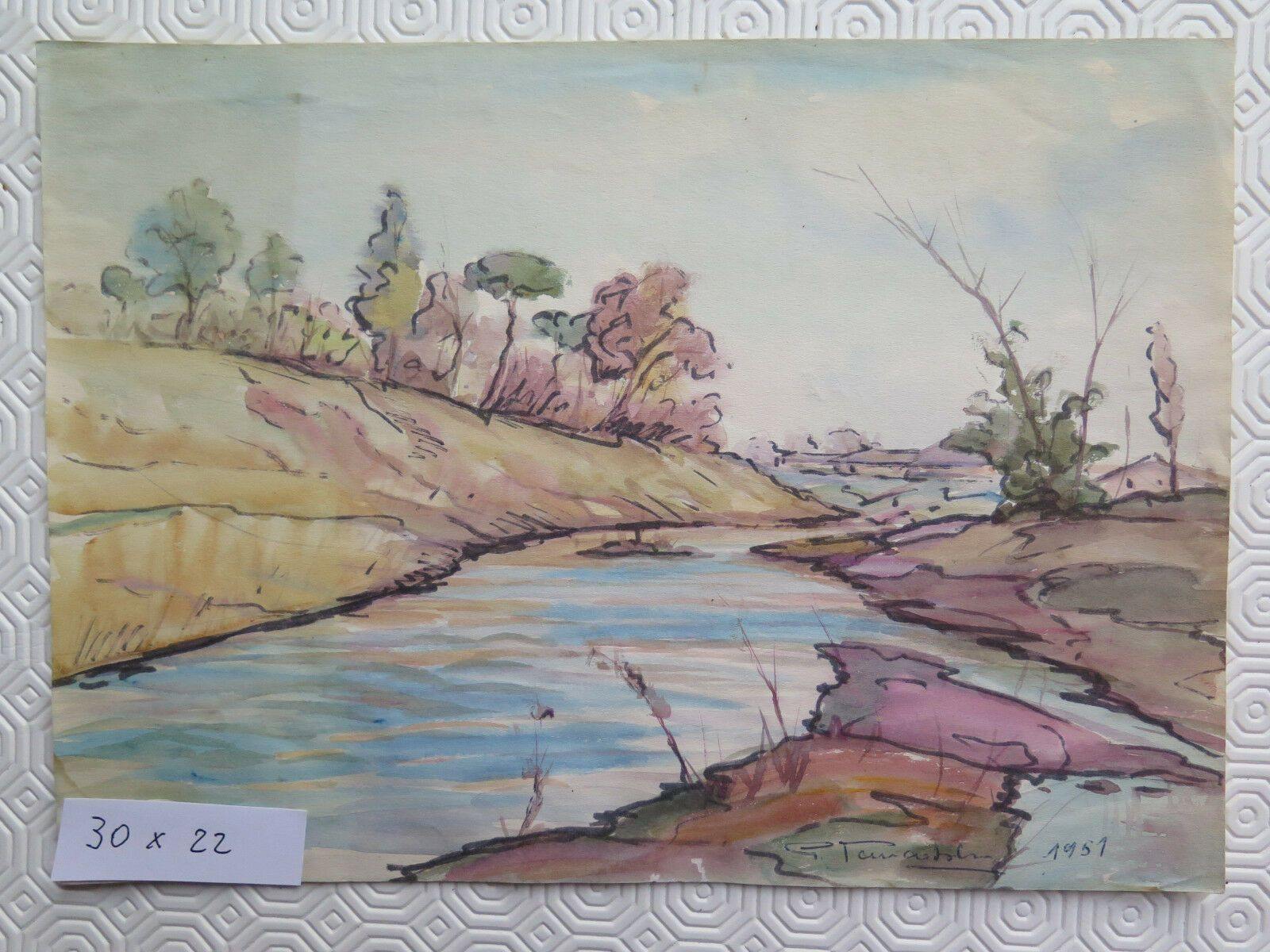 BOZZETTO FIRMATO ORIGINALE 1951 PAESAGGIO DI CAMPAGNA IN RIVA AL FIUME P28.53 - Belbello Antiques