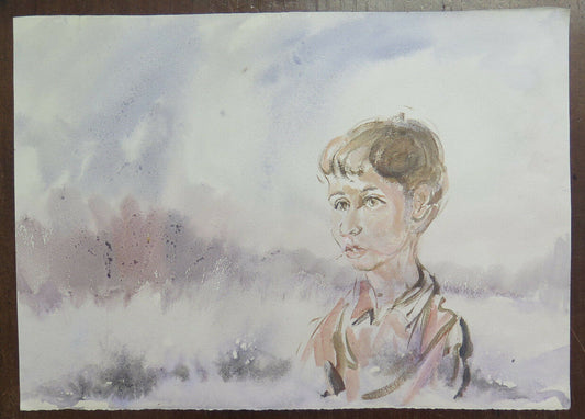 VINTAGE WATERCOLOR PAINTING PORTRAIT OF A CHILD FROM THE SIXTY YEARS ON PAPER P31