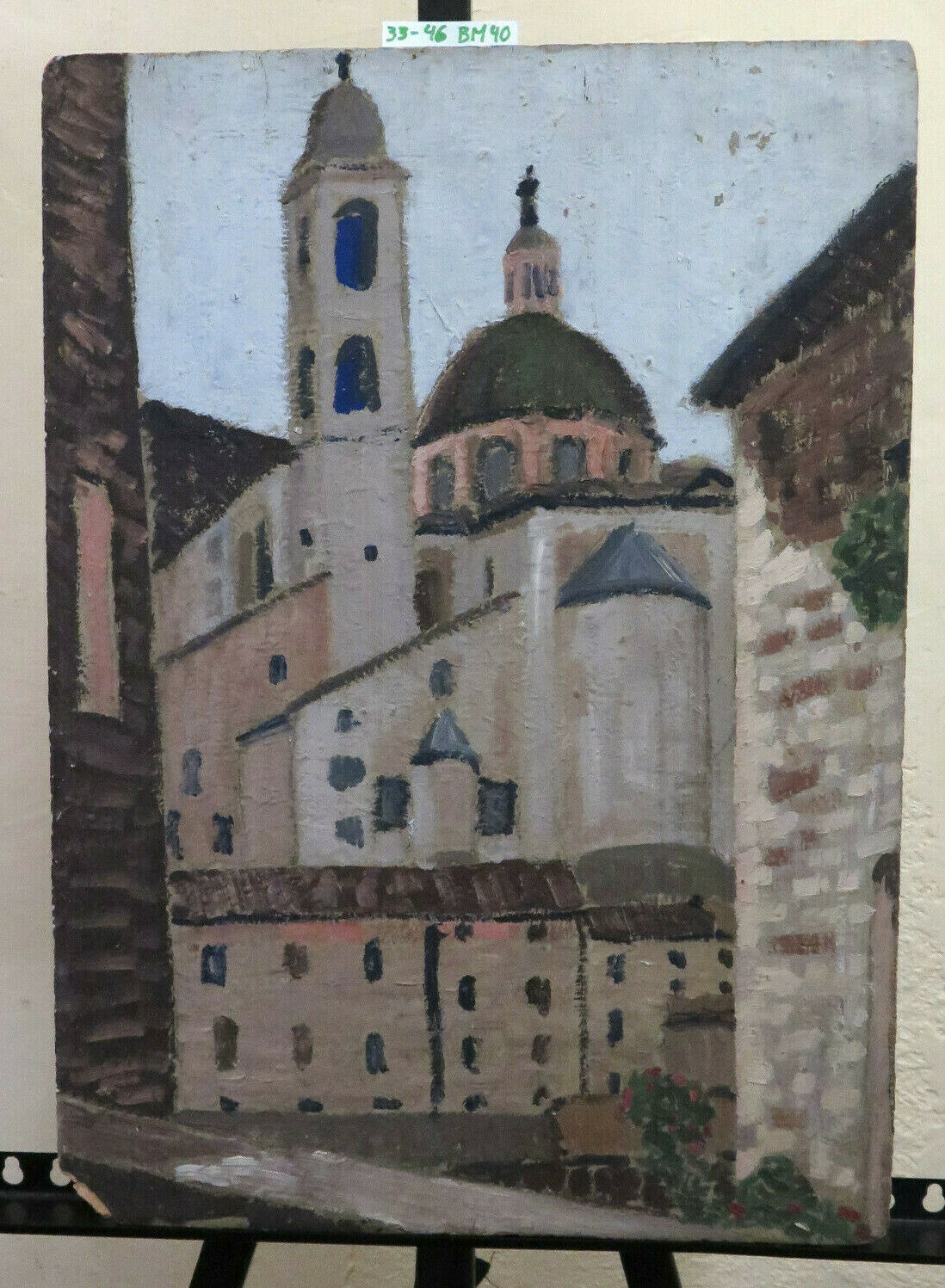 QUADRO AD OLIO EPOCA VEDUTA CHIESA CENTRO STORICO DIPINTO AD OLIO SU TAVOLA BM40