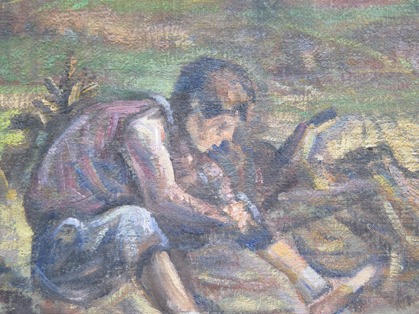 ANTIQUE PAINTING FROM THE 50S PORTRAIT OF A CHILD PLAYING OIL PAINTING ON TABLE