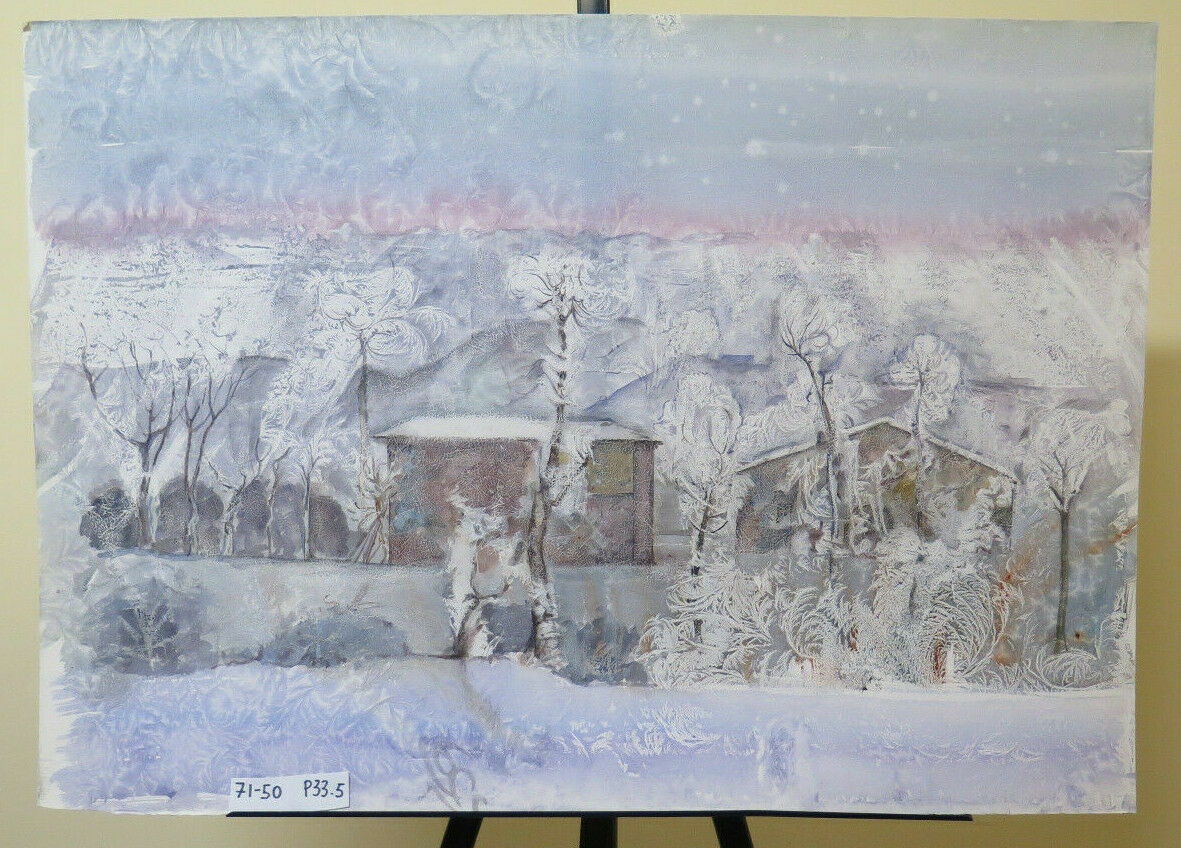 71x50 cm QUADRO VINTAGE MODERNO OPERA PITTORE G. PANCALDI PAESAGGIO NEVE P33.5