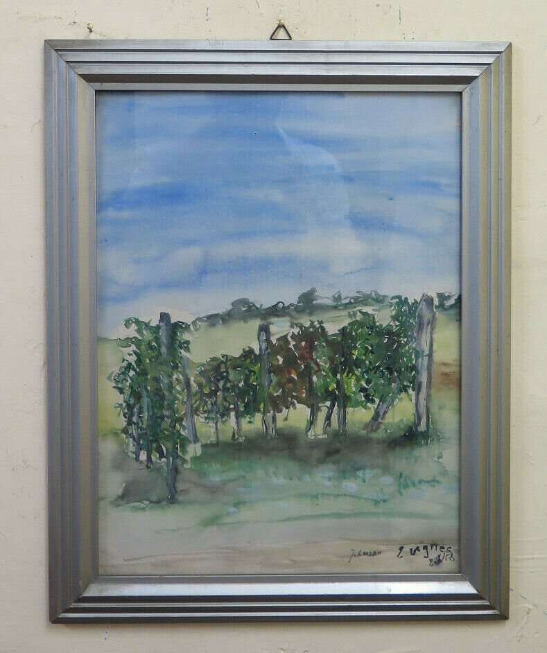 VINTAGE PAINTING LANDSCAPE WITH VINEYARDS SIGNED FRANCE 900 WATERCOLOR PAINTING BM51