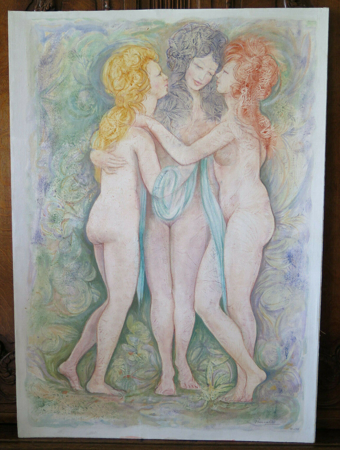 68x95 cm QUADRO VINTAGE TRA GRAZIE TECNICA MISTA NUDO FEMMINILE FIRMATO P19