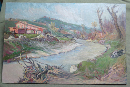 QUADRO ANTICO DIPINTO OLIO PAESAGGIO FIUME FIRMATO CON CERTIFICATO ORIGINALE p11