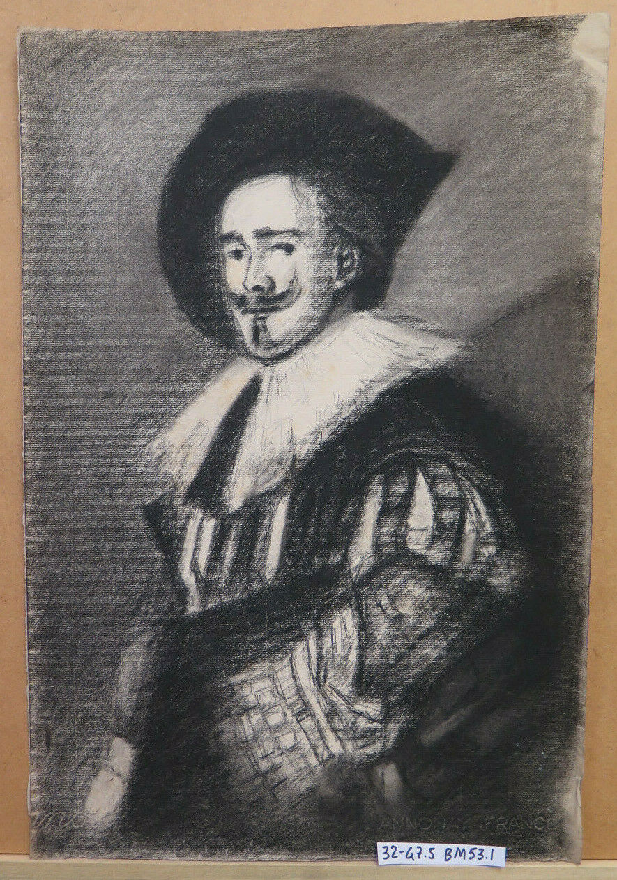 ANTIQUE DRAWING PORTRAIT MAN MUSTACHE FRENCH PAINTER Pierre Duteurtre DUT BM53.1 