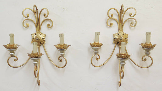 PAIR OF WALL LIGHTS IN VINTAGE GOLDEN WROUGHT IRON HANDMADE ITALY CH18 