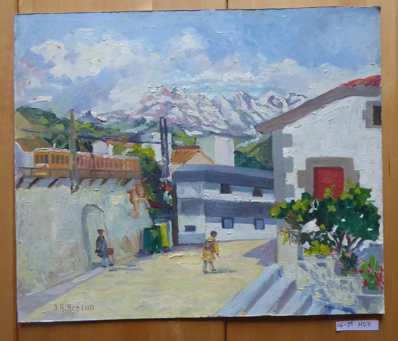 VINTAGE OIL PAINTING VIEW OF TOWN LANDSCAPE Sierra de Guadarrama SPAIN MD3