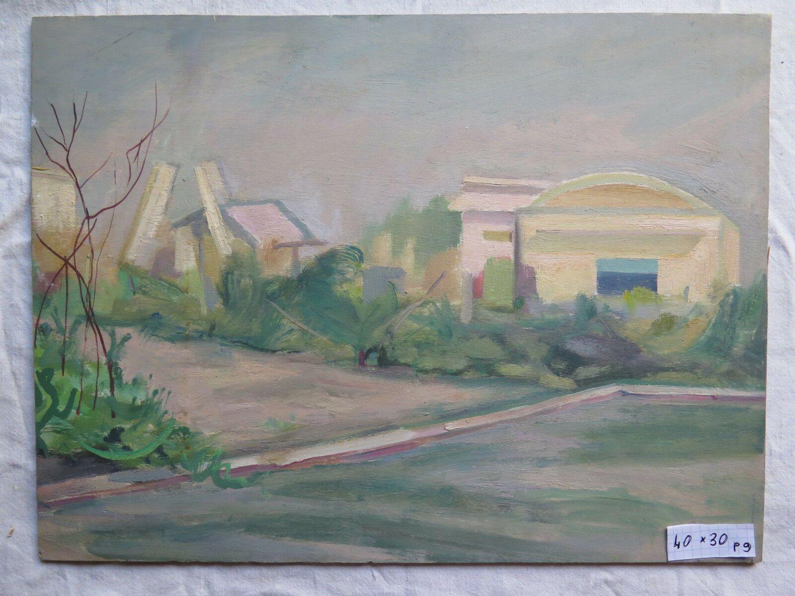 QUADRO MODERNO METà NOVECENTO DIPINTO OLIO SU TAVOLA PAESAGGIO CAMPAGNA 40x30 p9 - Belbello Antiques