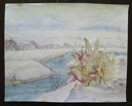 OLD PAINTING DREAMY WINTER LANDSCAPE PAINTING WATERCOLOR PAPER 42x34 cm P14