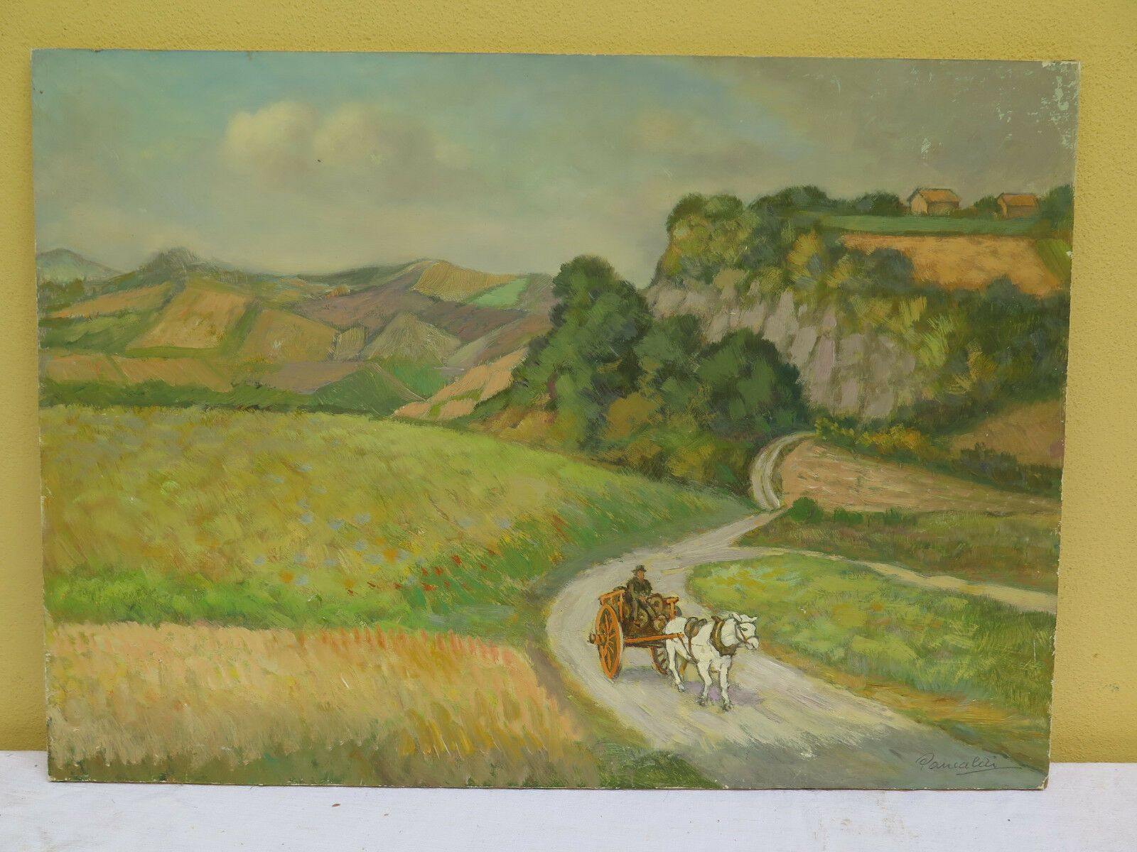 QUADRO ANTICO FIRMATO PANCALDI PAESAGGIO DI CAMPAGNA CON CAVALLI META' '900 - Belbello Antiques