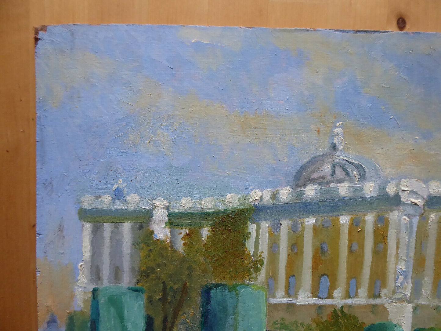 OIL PAINTING ON OLD TABLE VIEW OF MADRID SPAIN ROYAL PALACE SIGNED MD2