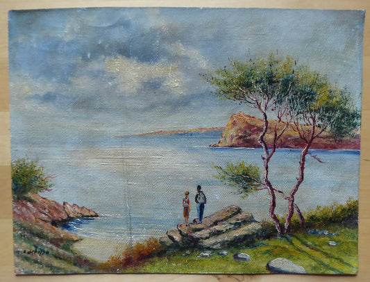 LAKE LANDSCAPE OIL PAINTING ON CANVAS SMALL DIMENSIONS SIGNED MD1