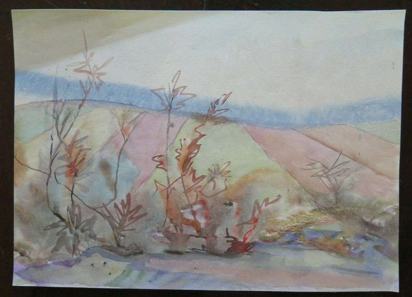 VECCHIO QUADRO PAESAGGIO INVERNALE ONIRICO DIPINTO ACQUERELLO CARTA 34x24 cm P14