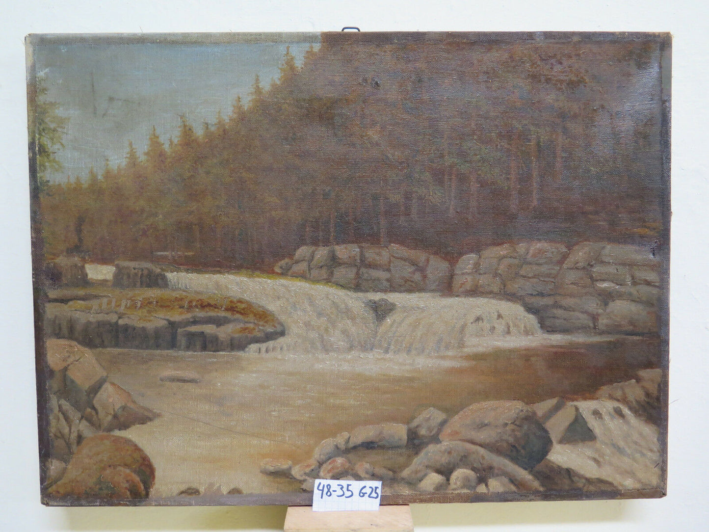 ANTIQUE OIL PAINTING ON CANVAS ALPINE LANDSCAPE ON THE BANK OF A MOUNTAIN STREAM G25