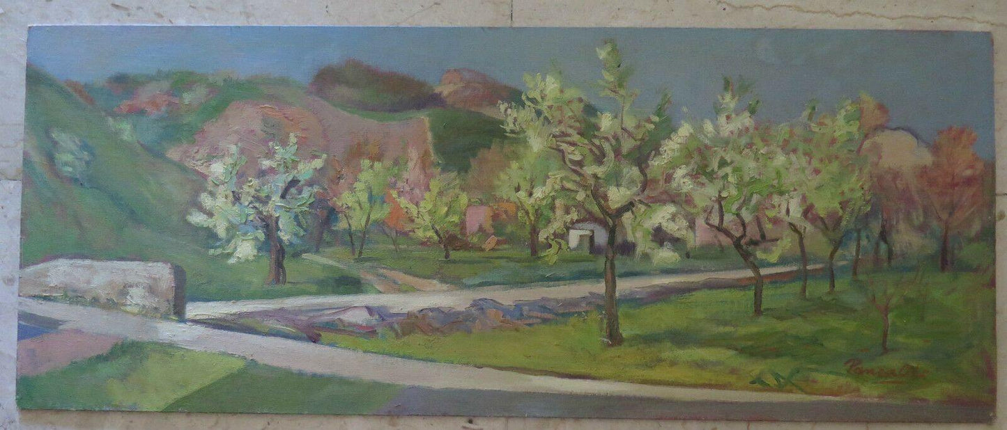 QUADRO ANTICO DIPINTO OLIO SU TAVOLA FIRMATO PAESAGGIO PRIMAVERILE PRIMAVERA p7 - Belbello Antiques