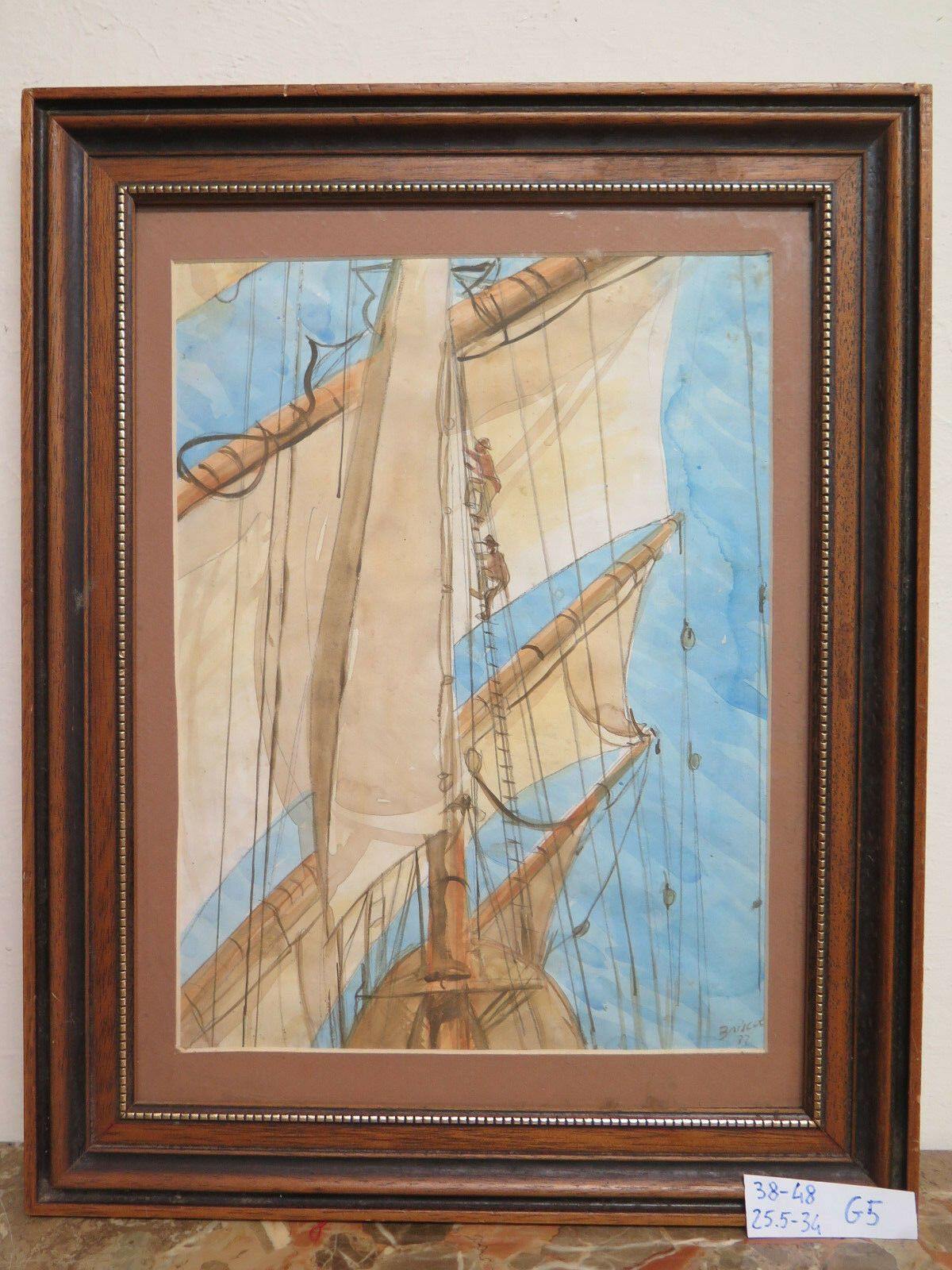 ANTICO ACQUERELLO QUADRO DIPINTO FIRMATO CON BARCHE A VELA IN MARE IN REGATA G5 - Belbello Antiques