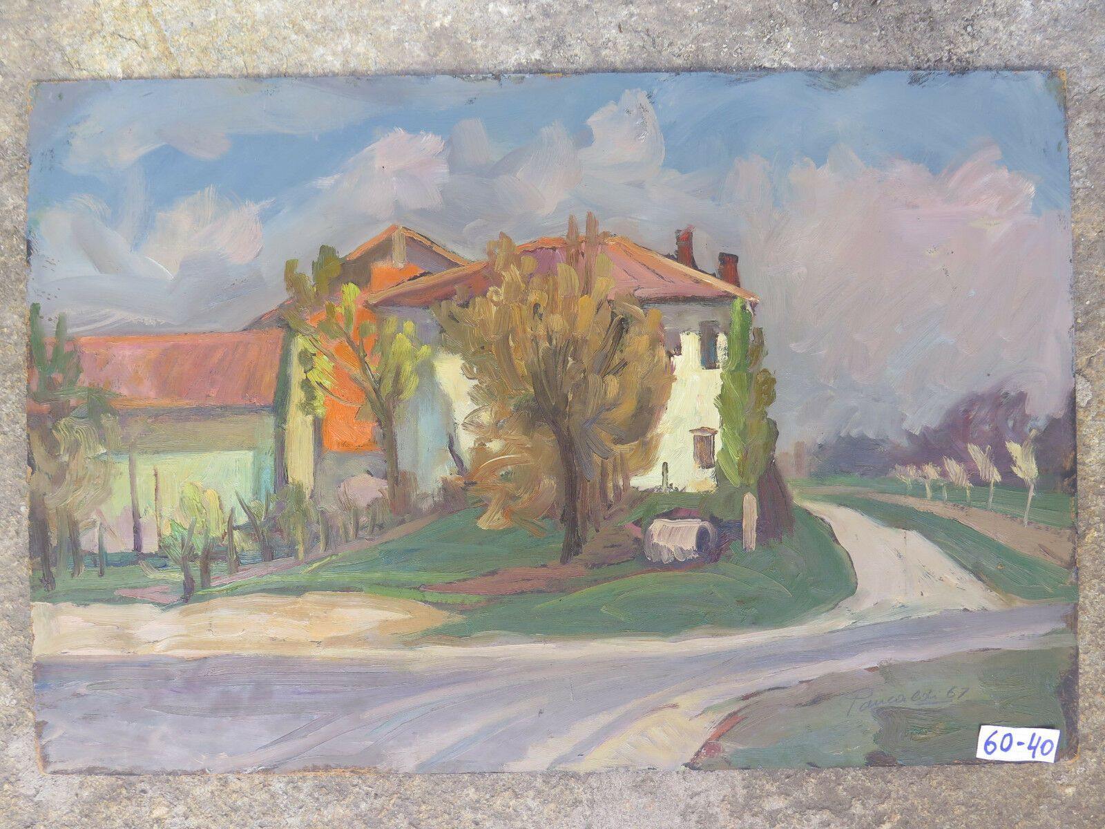 QUADRO ANTICO DIPINTO AD OLIO SU TAVOLA PAESAGGIO VEDUTA CAMPAGNA ORIGINALE p2 - Belbello Antiques