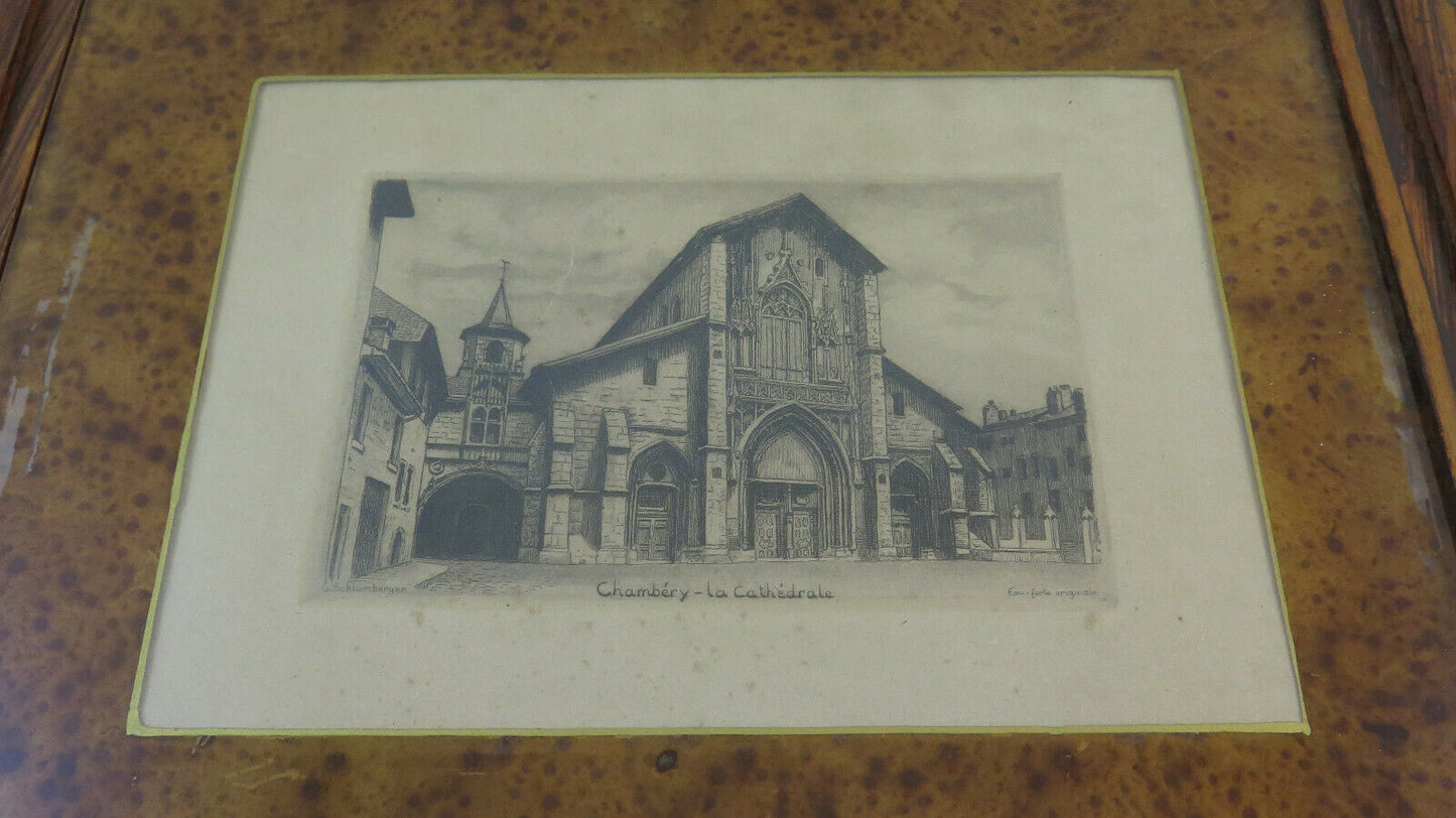ANTIQUE PRINT VIEW OF CHAMBERY CATHEDRAL CHURCH FRANCE SAVOIE ALPS BM41 