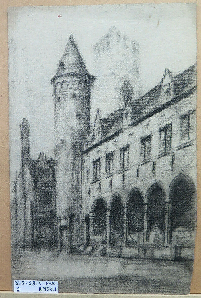 ANTIQUE PAINTING CITY VIEW FRANCE PENCIL Pierre Eugène Duteurtre DUT BM53.1