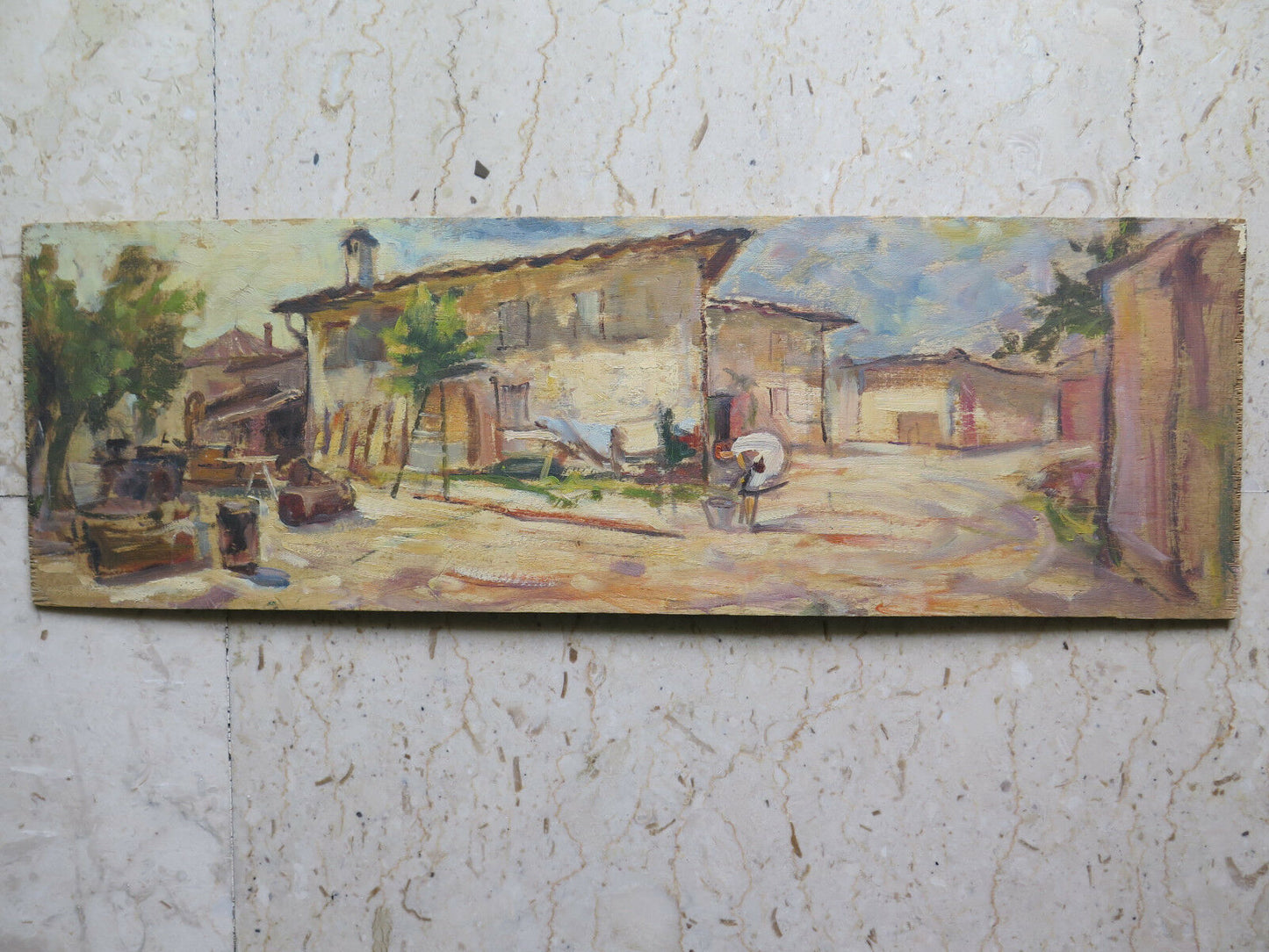 66x21 cm QUADRO AD OLIO SU TAVOLA VINTAGE PAESAGGIO VEDUTA CASA DI CAMPAGNA P21