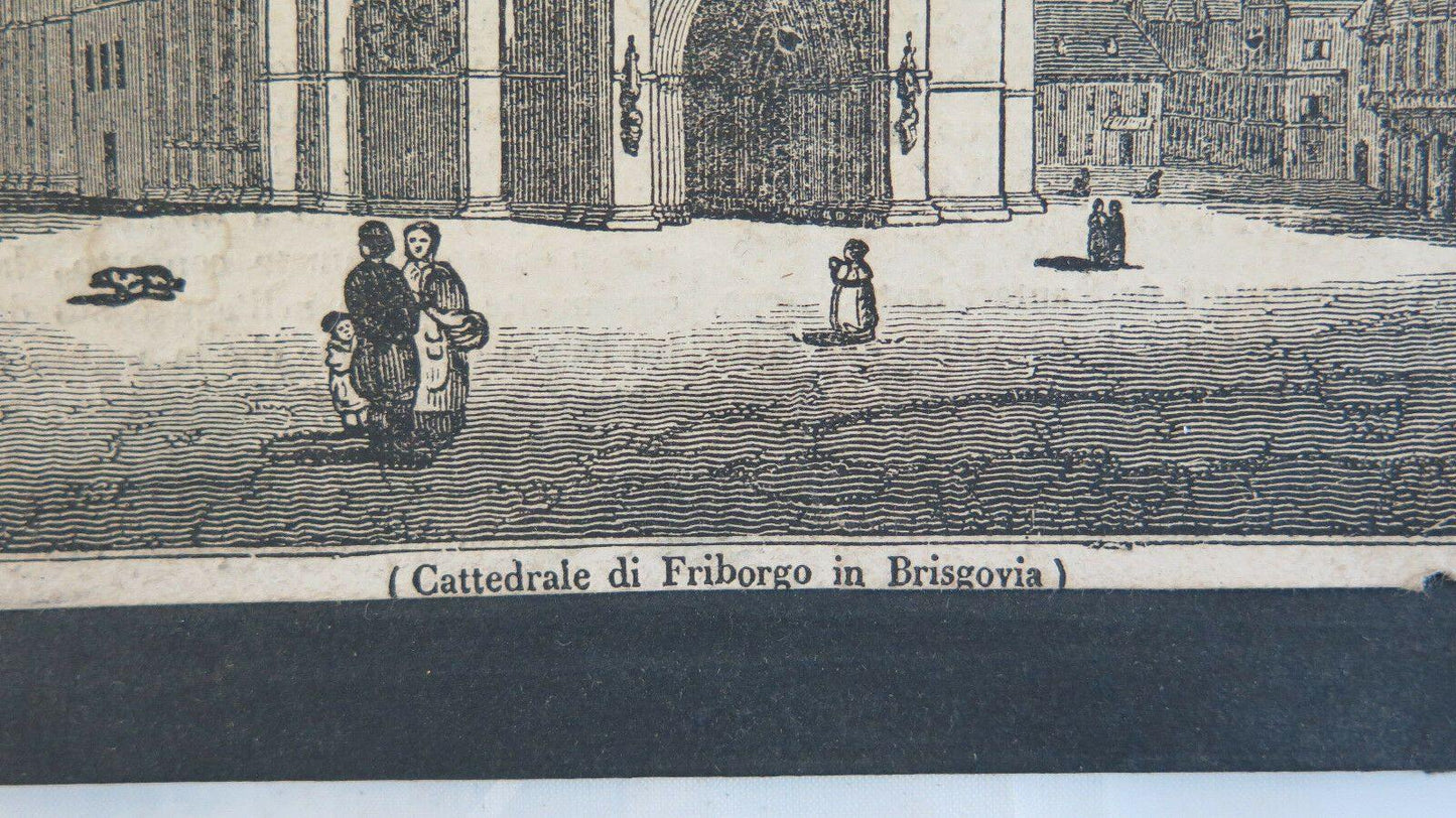 STAMPA ANTICA LA CATTEDRALE DI FRIBURGO IN BRISGOVIA INCISIONE SU CARTA R203 - Belbello Antiques