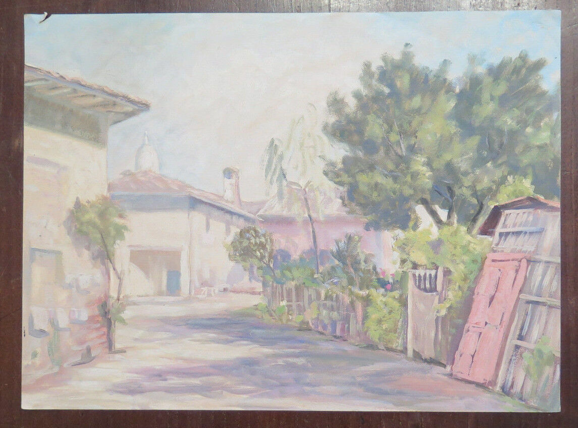 VINTAGE PAINTING COUNTRY LANDSCAPE SMALL VILLAGE WITH HOUSES 1960s P31