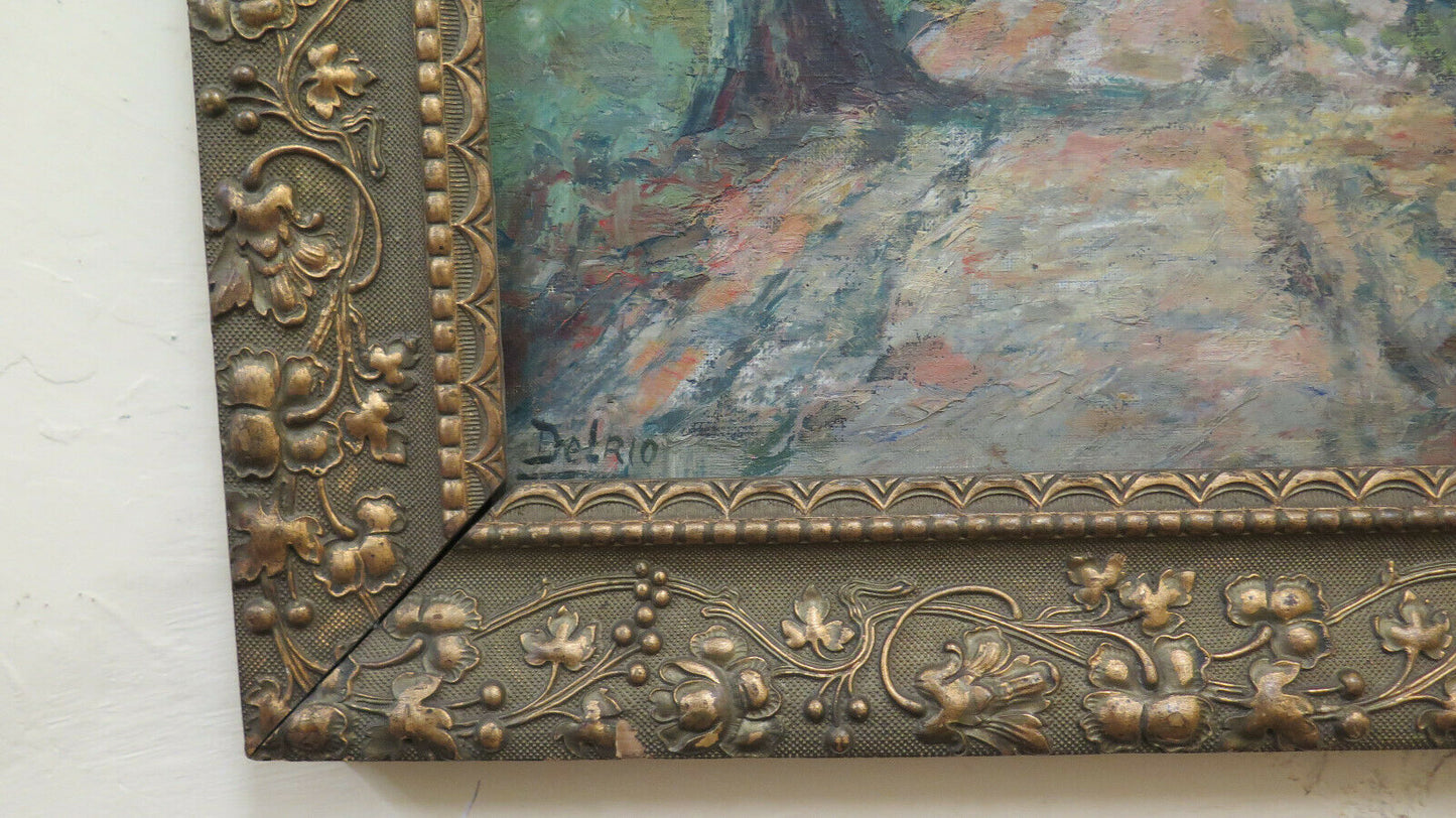 ANTIQUE PAINTING COUNTRY LANDSCAPE EARLY 20TH CENTURY SIGNED DELRIO COEVA FRAME BM51