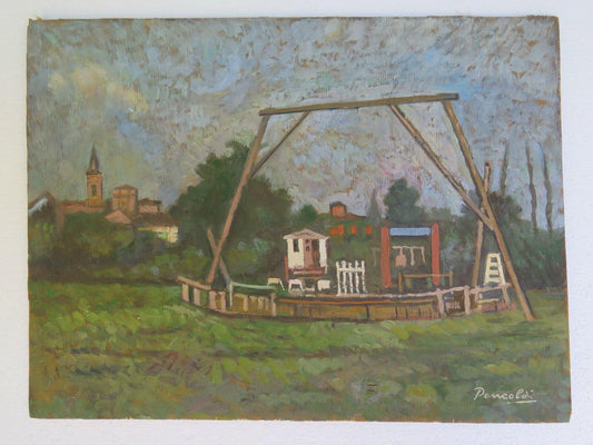 QUADRO ANTICO DIPINTO OLIO SU TAVOLA PAESAGGIO CAMPAGNA ORIGINALE FIRMATO p2 - Belbello Antiques