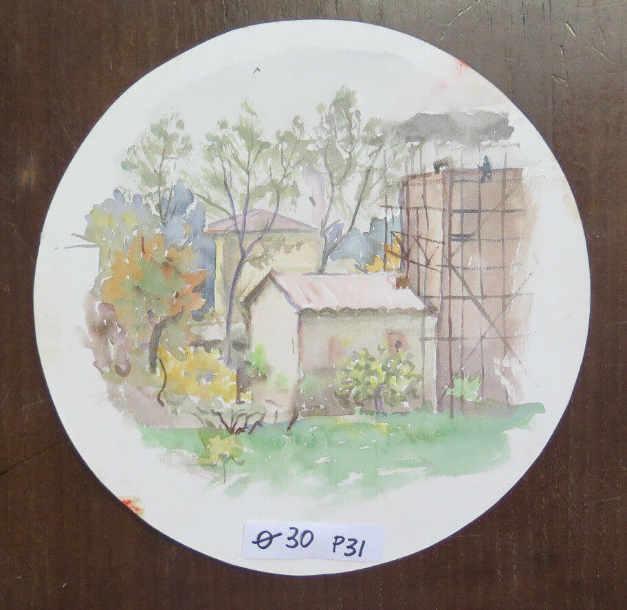 SMALL CIRCULAR PAINTING WATERCOLOR ON PAPER VINTAGE COUNTRY LANDSCAPE P31