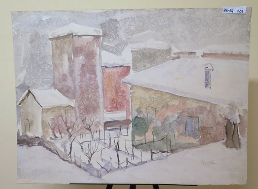 QUADRO VINTAGE DIPINTO AD ACQUERELLO PAESAGGIO INNEVATO DEL MODENESE P29