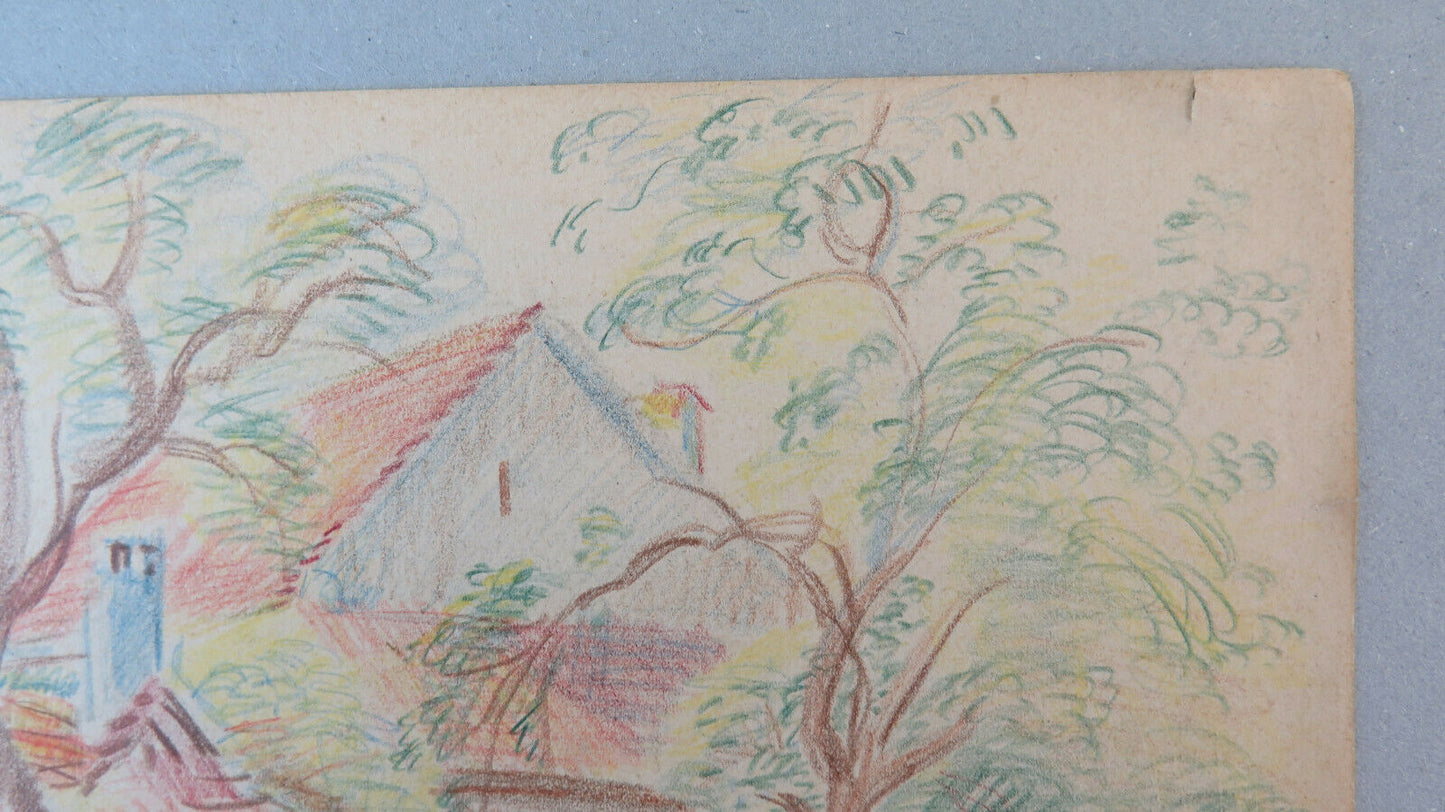 OLD DRAWING SIGNED BISCHOFF 1960s COUNTRYSIDE VIEW PENCIL PAPER BM53.2 