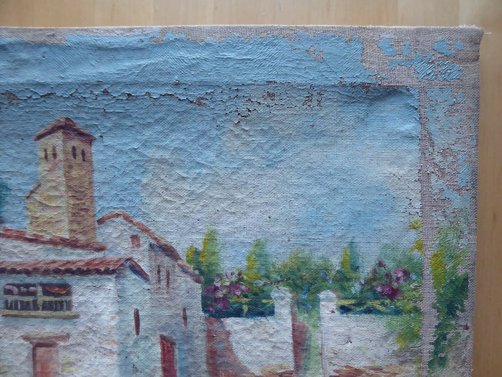 QUADRO ANTICO SPAGNOLO VEDUTA PAESE DI CAMPAGNA DIPINTO OLIO TELA SPAGNA MD7 - Belbello Antiques