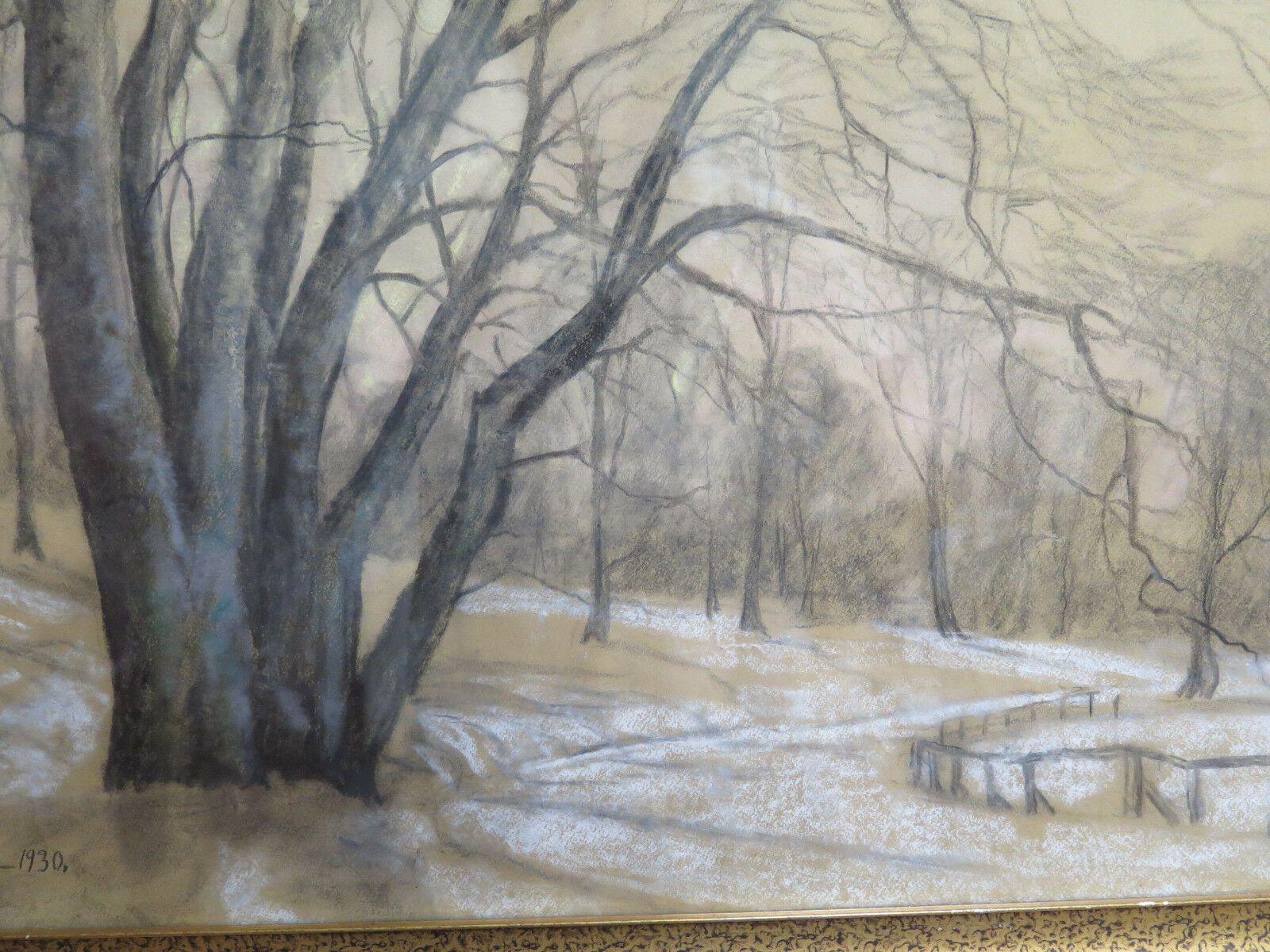 PAESAGGIO DELLA DANIMARCA IN INVERNO QUADRO ANTICO CARBONCINO SU CARTA 1930 R94 - Belbello Antiques