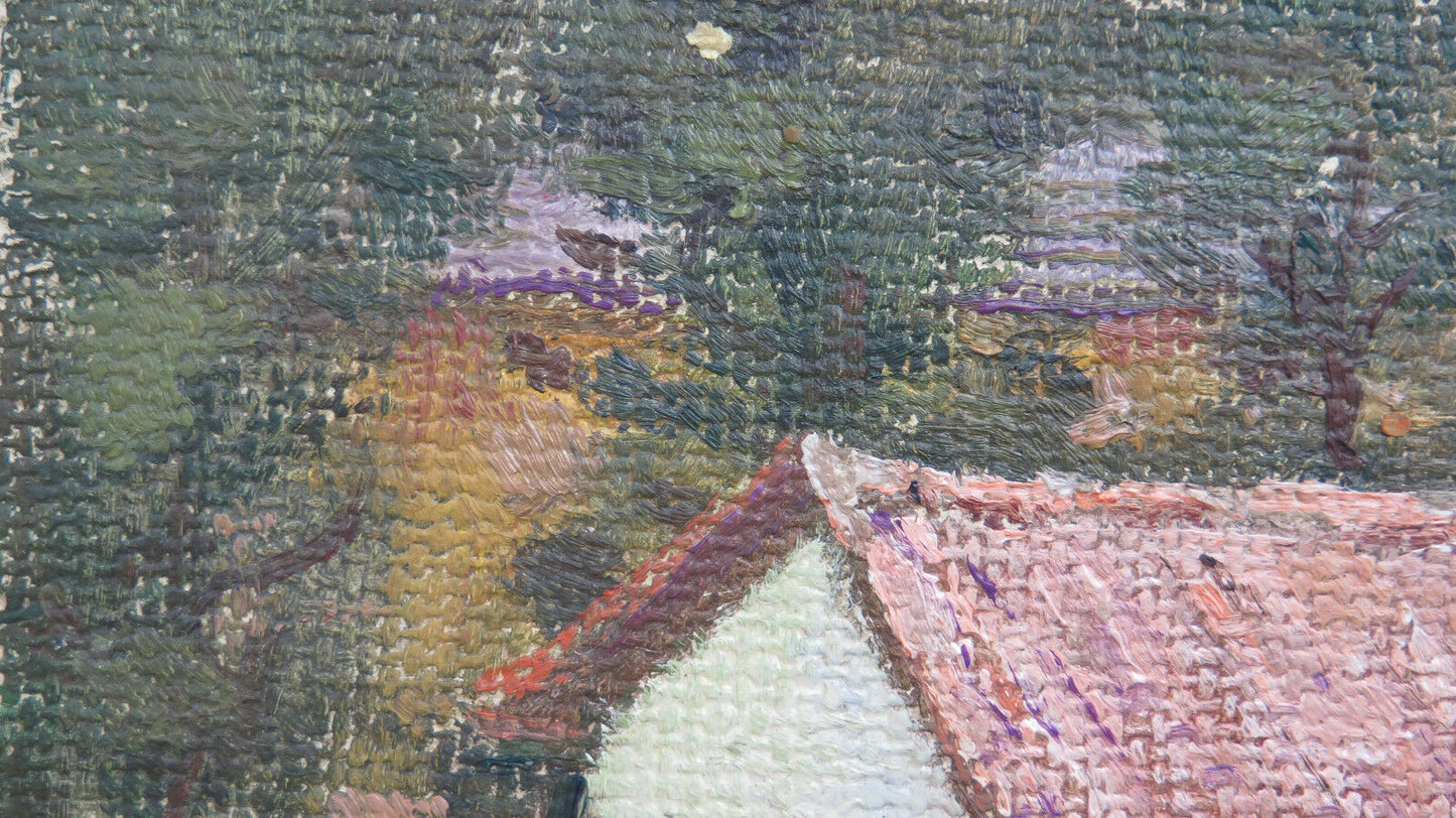 SMALL ANTIQUE OIL PAINTING ON TABLE COUNTRY VIEW WITH HOUSES P30