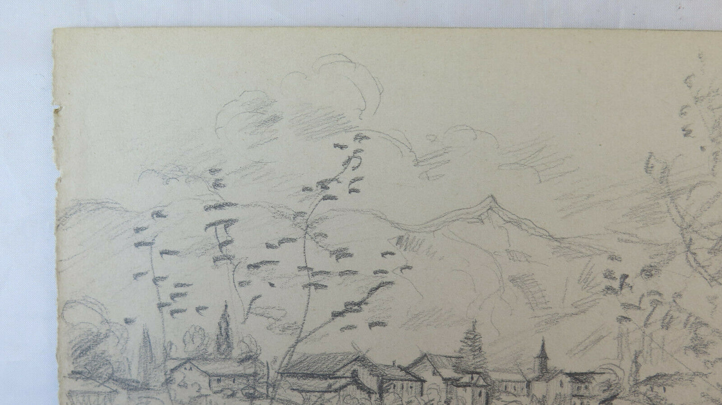 DISEGNO ANTICO FIRMATO BISCHOFF ANNI 40 PAESAGGIO ALPINO ALPI SVIZZERA BM53.2