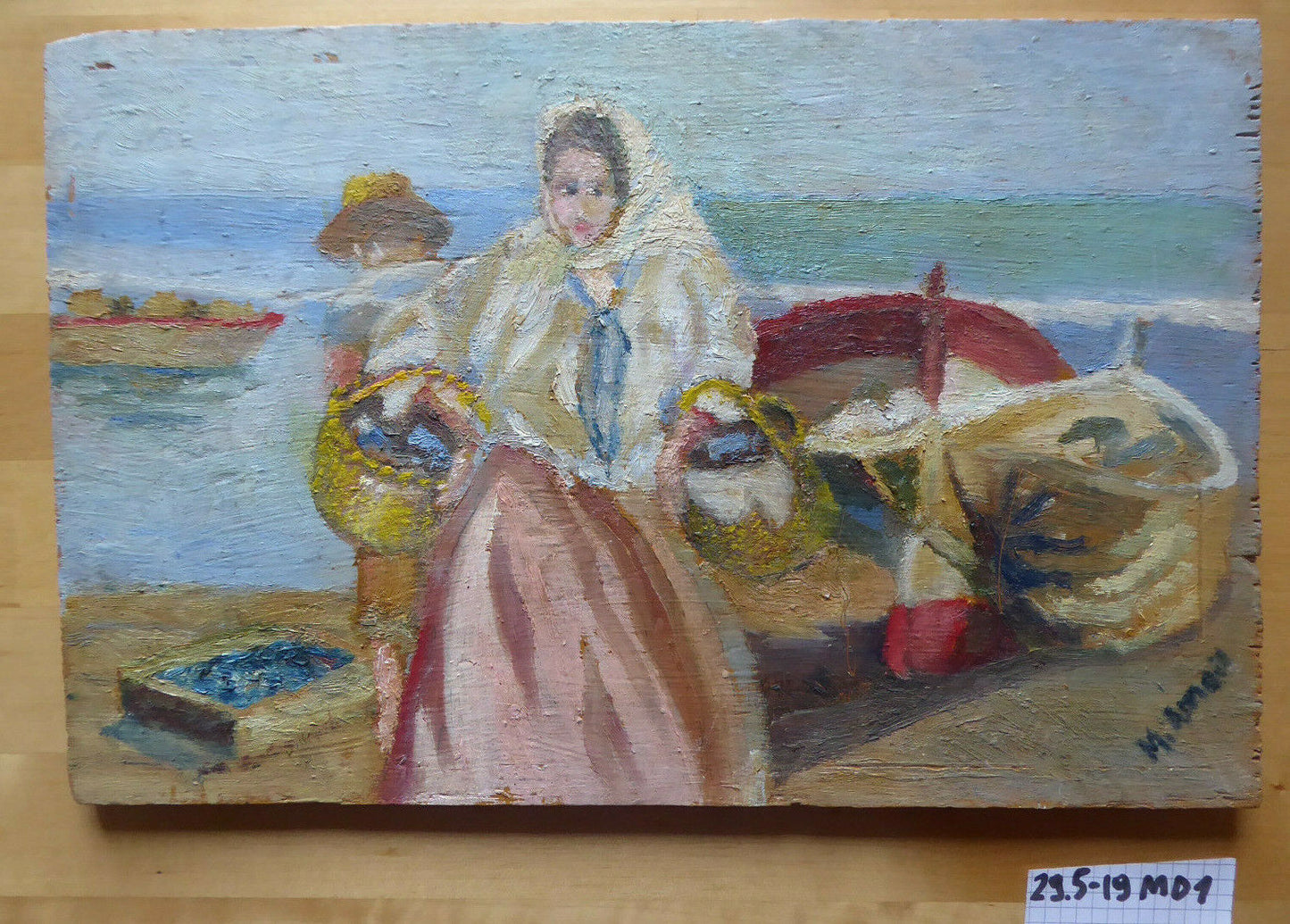 OLD SMALL OIL PAINTING SIGNED WOMAN AT THE FISH MARKET MD1 