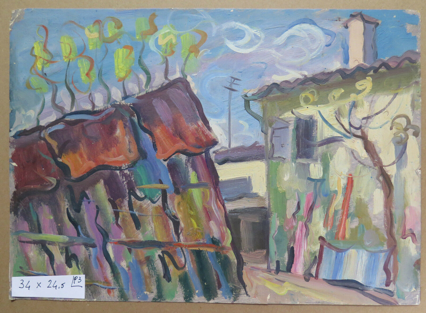 QUADRO MDOERNO VINTAGE 1960 OLIO SU TAVOLA PAESAGGIO VEDUTA BORGO DI CAMPAGNA p3