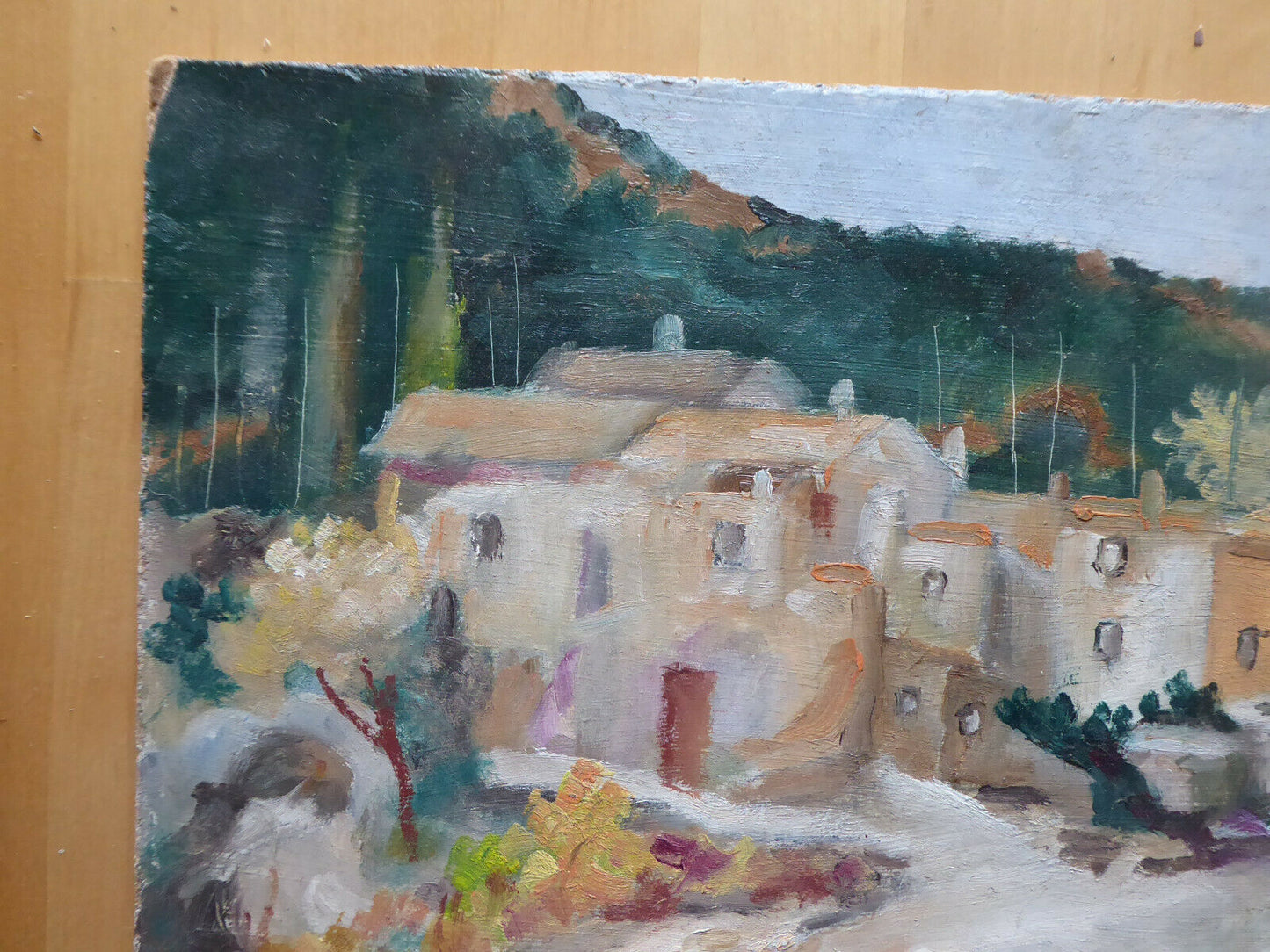 VECCHIO QUADRO OLIO VINTAGE PAESAGGIO SPAGNA FIRMATO GINÈ GOMÀ CAMPAGNA MD2