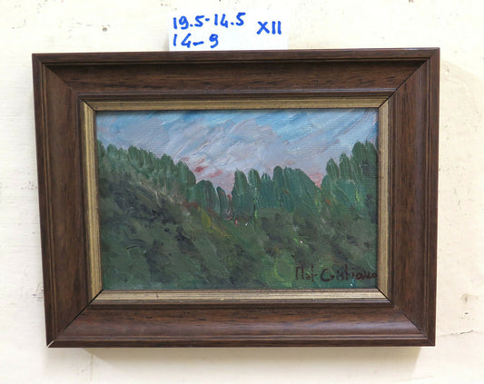 SMALL OIL PAINTING ON TABLE LANDSCAPE VIEW OF TREES FOREST FRAME X12 