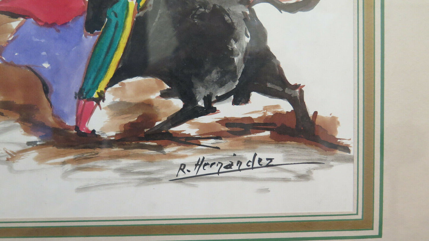 VINTAGE PAINTING WITH 4 LARGE SKETCHES SIGNED BY HERNANDEZ TORERO CORRIDA BM51 BM53.3