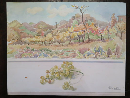 LANDSCAPE WITH VINEYARDS IN AUTUMN AND STILL LIFE PAINTING 47x37 cm P14