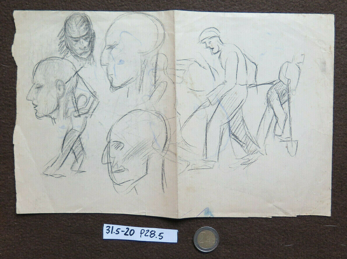 DISEGNO ANTICO MATITA SU CARTA STUDIO PER VOLTI UMANI E FIGURE BOZZETTO P28.5