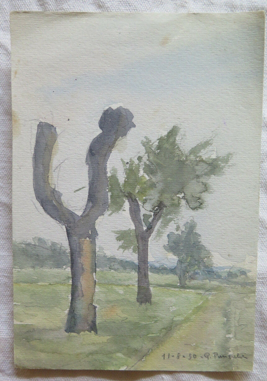 PAINTING SKETCH SIGNED ORIGINAL COUNTRY LANDSCAPE WATERCOLOR 1950 P28.4