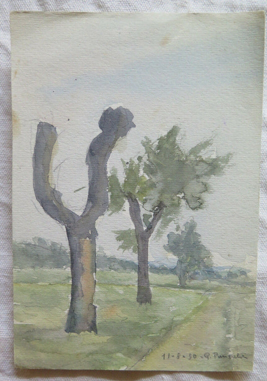 QUADRO BOZZETTO FIRMATO ORIGINALE PAESAGGIO DI CAMPAGNA ACQUERELLO 1950 P28.4