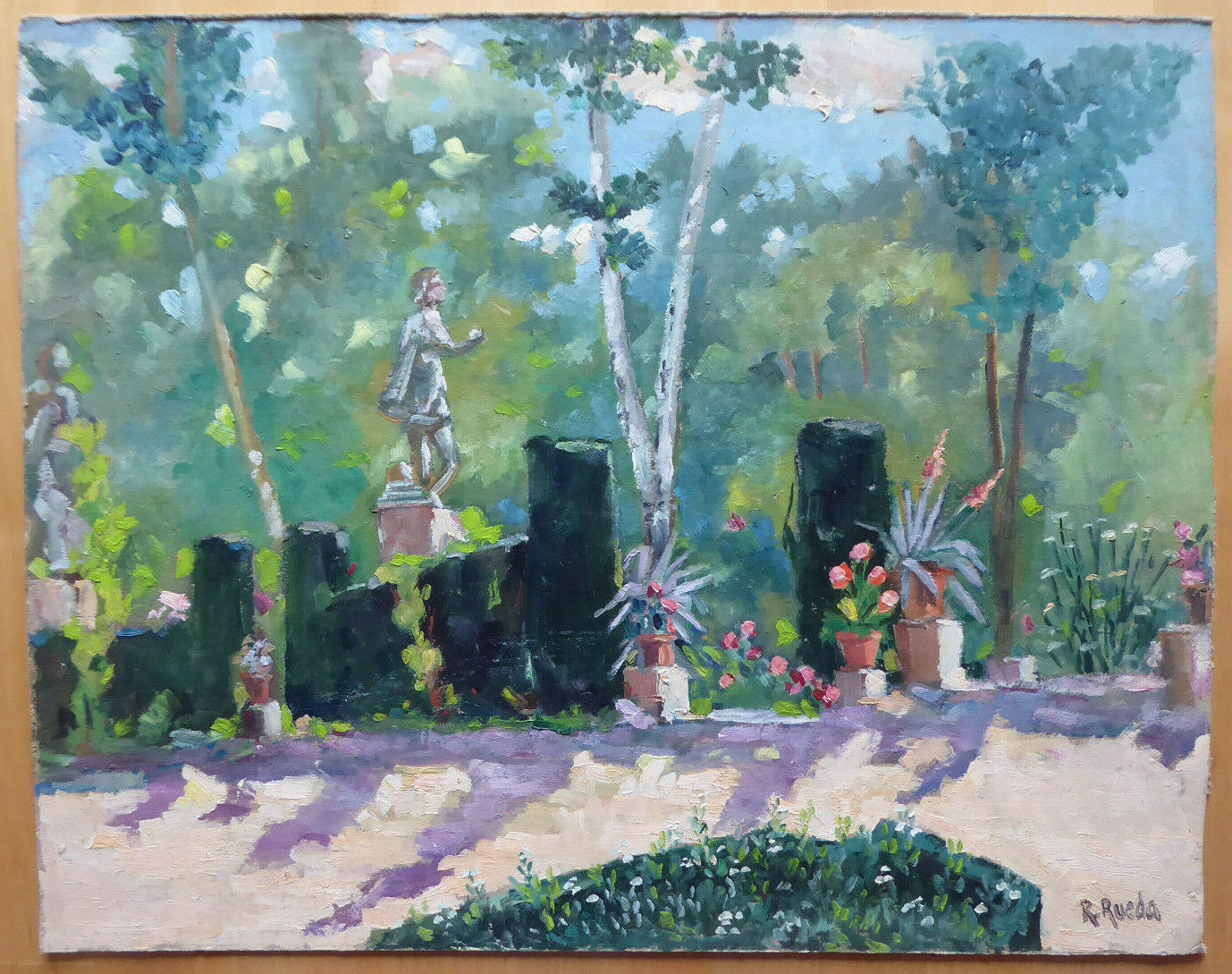 OLD OIL PAINTING RETIRO PARK OF MADRID SIGNED AND POPPY LANDSCAPE MD2 