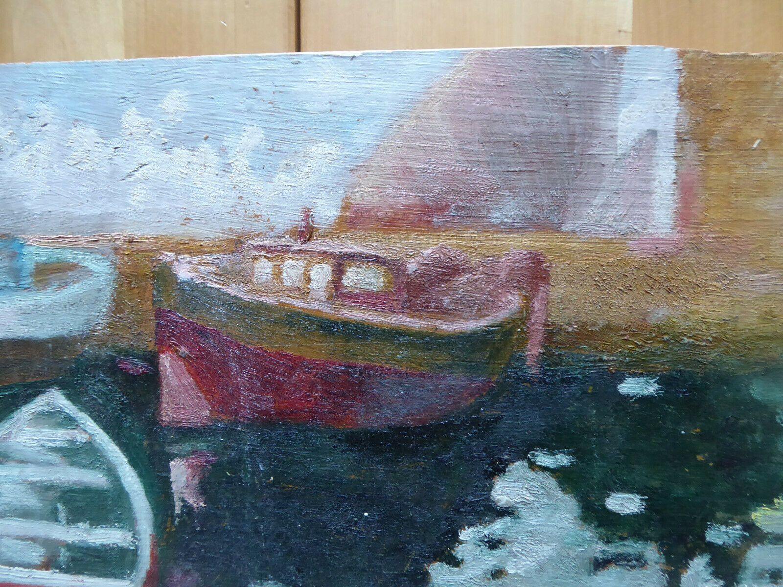 VECCHIO QUADRO OLIO SU TAVOLA MARINA MARE BARCHE FIRMATO SEGURA SPAGNA '900 MD4 - Belbello Antiques